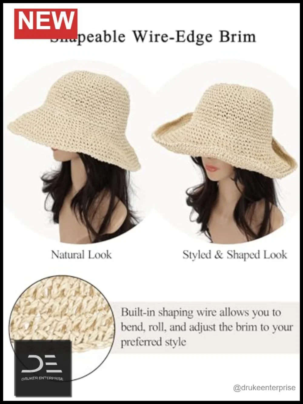 Foldable Wide Brim Crochet Straw Sun Hat for Beach Summer, Adjustable